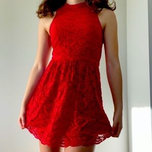 Red lace dress.